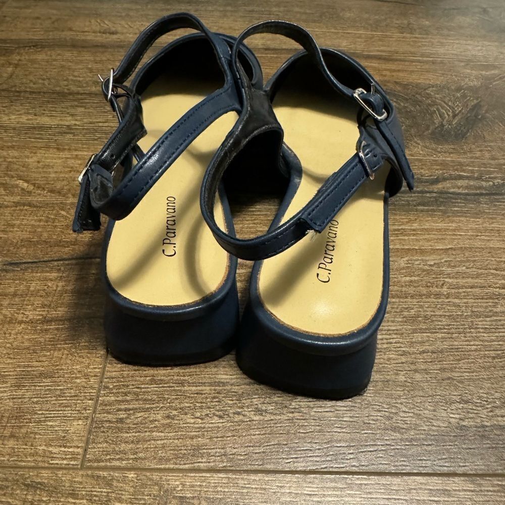 C.Paravano Navy Leather Square Toe Slingback Flats - Picture 7 of 9
